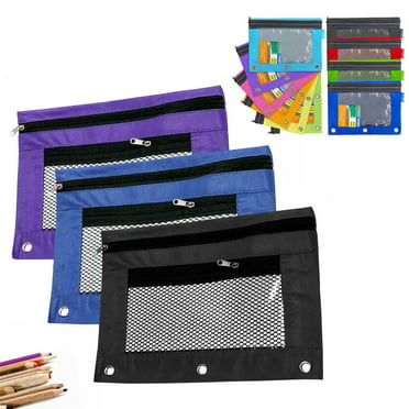 Double Pockets Pencil Case with Clear and Mesh Window Pencil Case with Rivet Enforced 3 Ring 4 Pack Binder Pencil Pouch with Zipper Pulls 